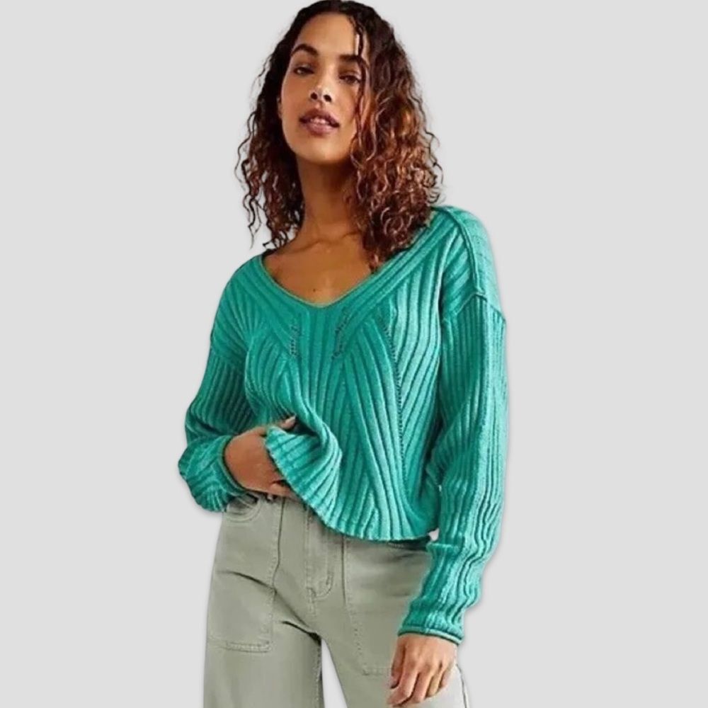 Free People Another Day Ribbed Knit V-Neck Pullover in Vert De Mer | Medium